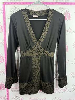 GEMINI y2k top tie up floral V-Neck Long Sleeve Tunic with Ornate Trim - Black